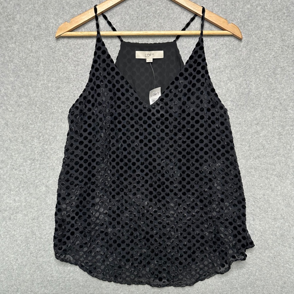 LOFT Womens Black Velvet Burnout Polka Dot V-Neck‎ Camisole Tank Top Size M New